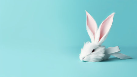 White rabbit on blue background with copy space. Easter holiday concept.の素材