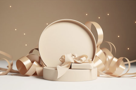 3d render of white round podium with gold ribbon and bow for product presentationの素材
