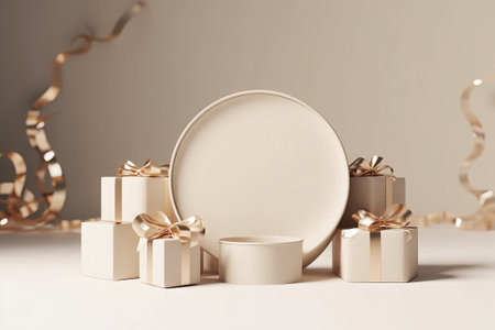3d render of white podium with gold ribbon and gift boxes on gray backgroundの素材