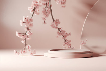 3d render of minimal product display podium with cherry blossom.の素材