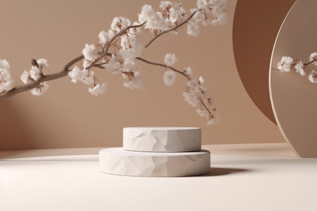 3d render of minimal product display podium with white cherry blossoms.の素材