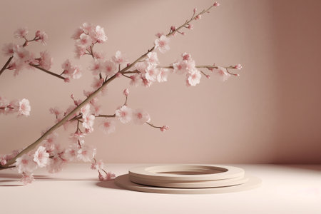 3d render of minimal product display podium with cherry blossom flowersの素材