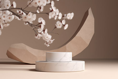 3d render of white marble product display podium with cherry blossom backgroundの素材