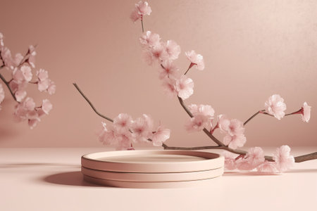 Cherry blossom and pedestal on pink background, 3d renderの素材