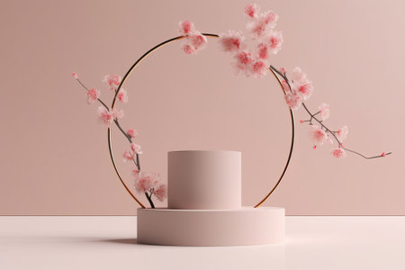 3d render, abstract minimal scene with podiums and cherry blossom flowersの素材