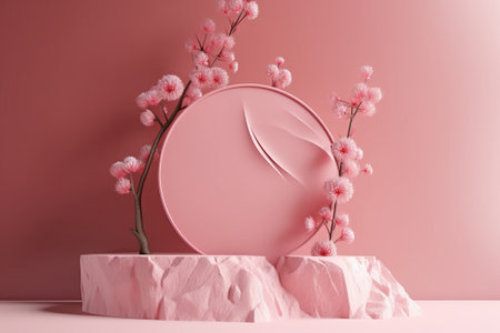 Cherry blossom and round podium on pink background. 3d renderingの素材