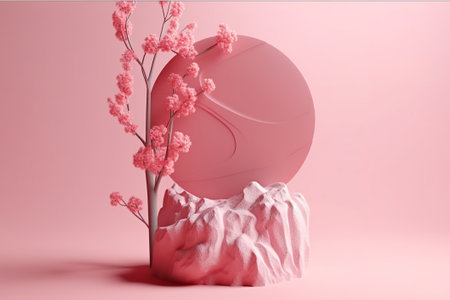3d render of podium display with pink flower for cosmetic product presentationの素材