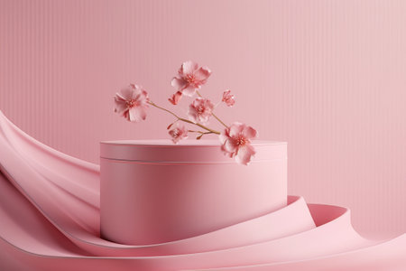3d render of pink podium for product presentation with cherry blossom flowersの素材