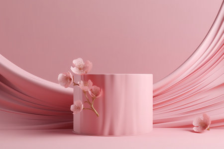 3d render, abstract minimal scene with podium and cherry blossomの素材