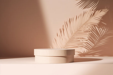 Minimal product display podium with palm leaf shadow. 3D renderingの素材
