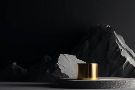 3d render of golden podium for product presentation with black background.の素材
