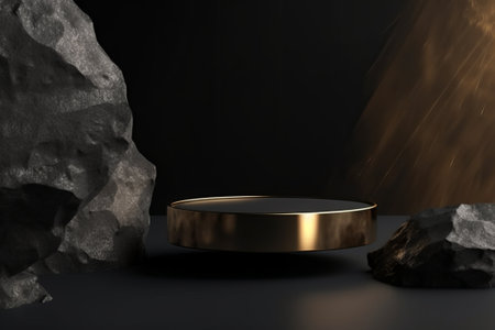 Golden pedestal on black background. 3d render illustration mock upの素材