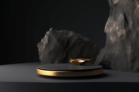 Golden pedestal on black background. 3D render. Concept of product displayの素材