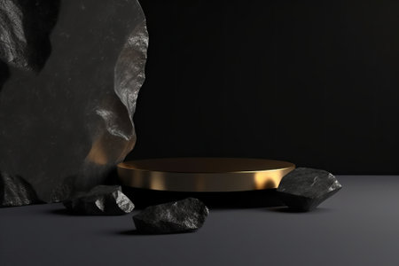 3d render of black marble pedestal with gold stand in dark roomの素材