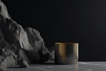 Minimalist black and gold product display podium with grey stone background. 3D renderingの素材