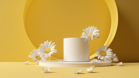 3d render of white podium with chamomile flowers on yellow backgroundの素材