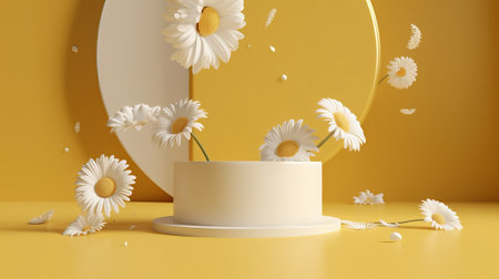 3d render of white daisies on yellow background with podiumの素材