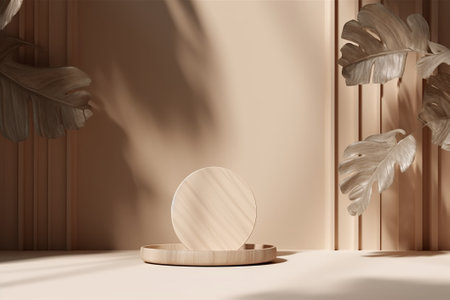 3d render of minimal product display podium with tropical leaf shadow.の素材
