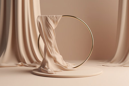 3d render of minimal display podium with beige fabric and golden circle.の素材