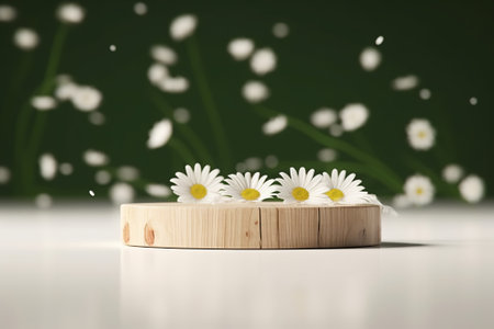 Wooden podium with daisies on a white background. 3d renderingの素材