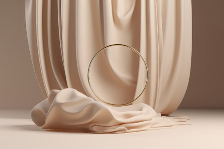 3d render, abstract background with podium for product display, minimalist mockup, blank stage with golden drapery.の素材