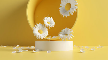 Abstract minimal scene with white flowers on yellow background. 3d renderの素材
