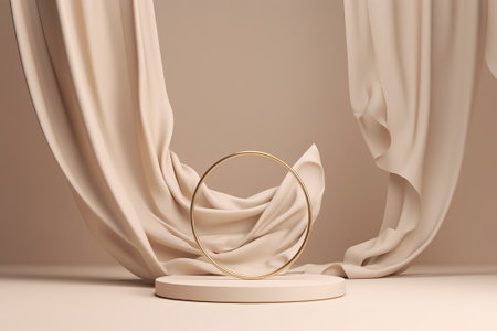 3d render, abstract minimal display podium background, blank product stand, stage with silk drapery.の素材