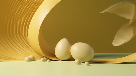 3d rendering of easter eggs on yellow and beige backgroundの素材