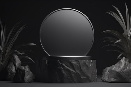 Abstract black round podium on dark background. Mock up, 3D Renderの素材