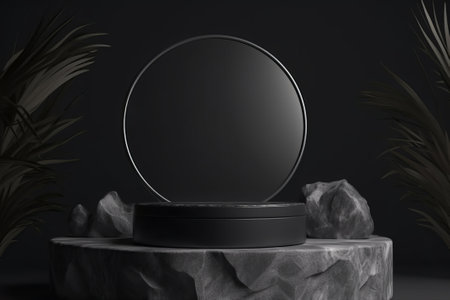 Black round podium with palm leaves on dark background. 3d renderの素材