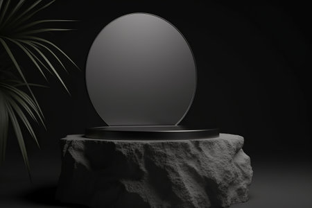 3d render of black round podium on dark background with palm leaf.の素材