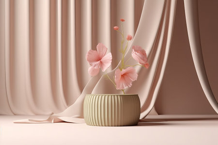 3d render, beige background with pink flowers in vaseの素材
