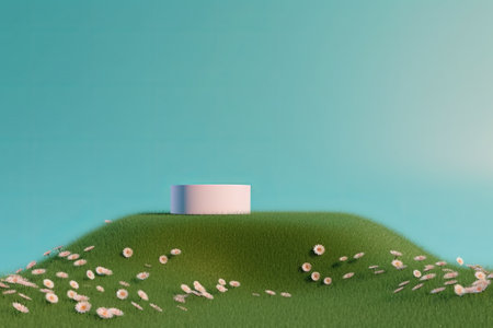 3d render of a white podium on a green grass with flowersの素材