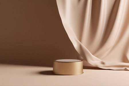 3d render of golden podium with drapery fabric on beige backgroundの素材