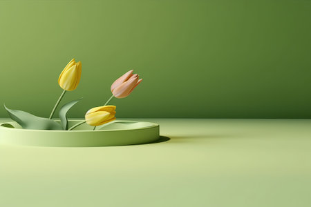 3d render of yellow tulips on green background. Minimal conceptの素材