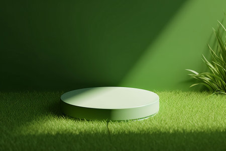 3d rendering of green podium for product display with grass background.の素材