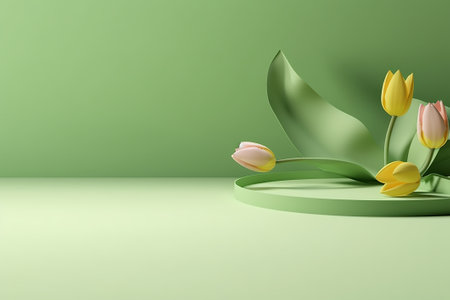 3d render of podium with tulip flowers on green background.の素材