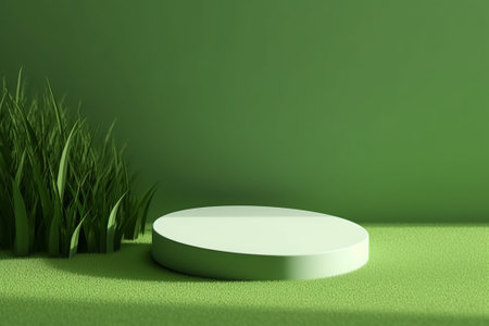 3d rendering of a green background with a round podium and grassの素材