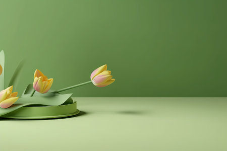 3d render of minimal display podium with tulips in green roomの素材