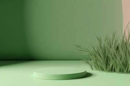 Minimal scene with green podium and grass. 3D rendering.の素材