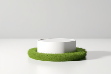 3d render of white round podium with green grass on a white backgroundの素材