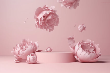 3d render of pink background with peony flowers, podium and petalsの素材