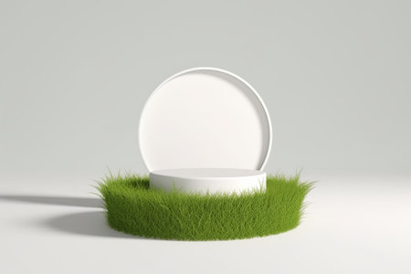 3d render of round podium on green grass. Blank stand for product display.の素材