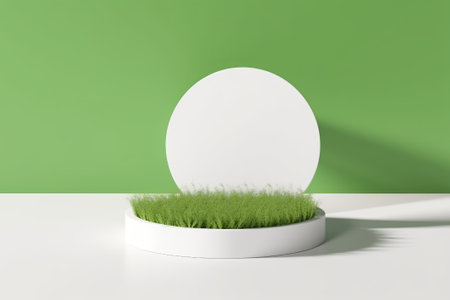 3d render of white round podium with green grass and white circle.の素材