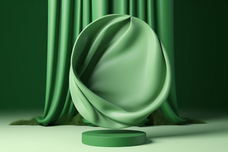 Green podium with green curtains and drapery. 3D renderingの素材