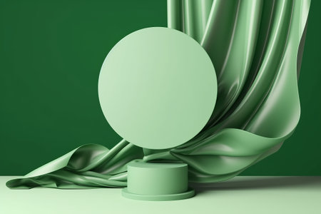 3d render, abstract background, podium for product display, green satin curtainの素材