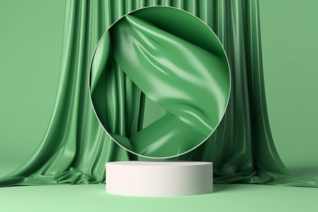 3d rendering of podium for product presentation with green satin drapery curtainの素材