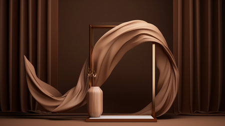 3d render, abstract background with brown fabric and golden podium for display productsの素材