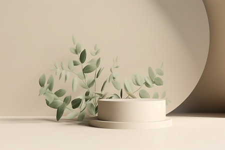 3d render of minimal product display podium with eucalyptus leaves.の素材
