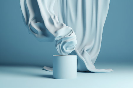 3d render of a white curtain and a blue cylinder on a blue backgroundの素材